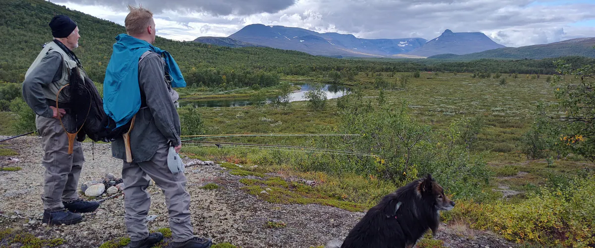 Angler with a dog looking over a fell river