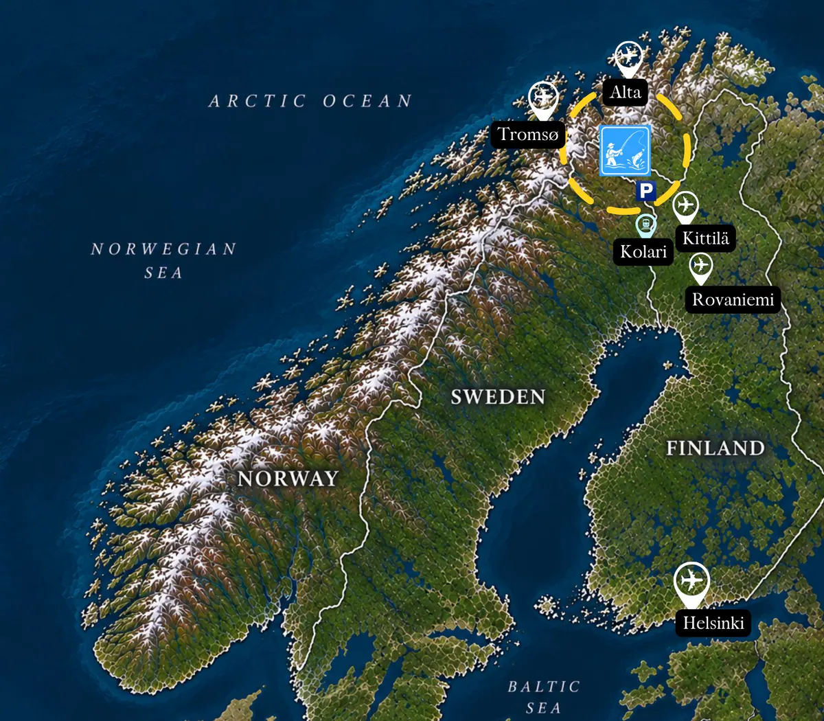 Map of Northern Scandinavia showing the fishing area and nearby airports