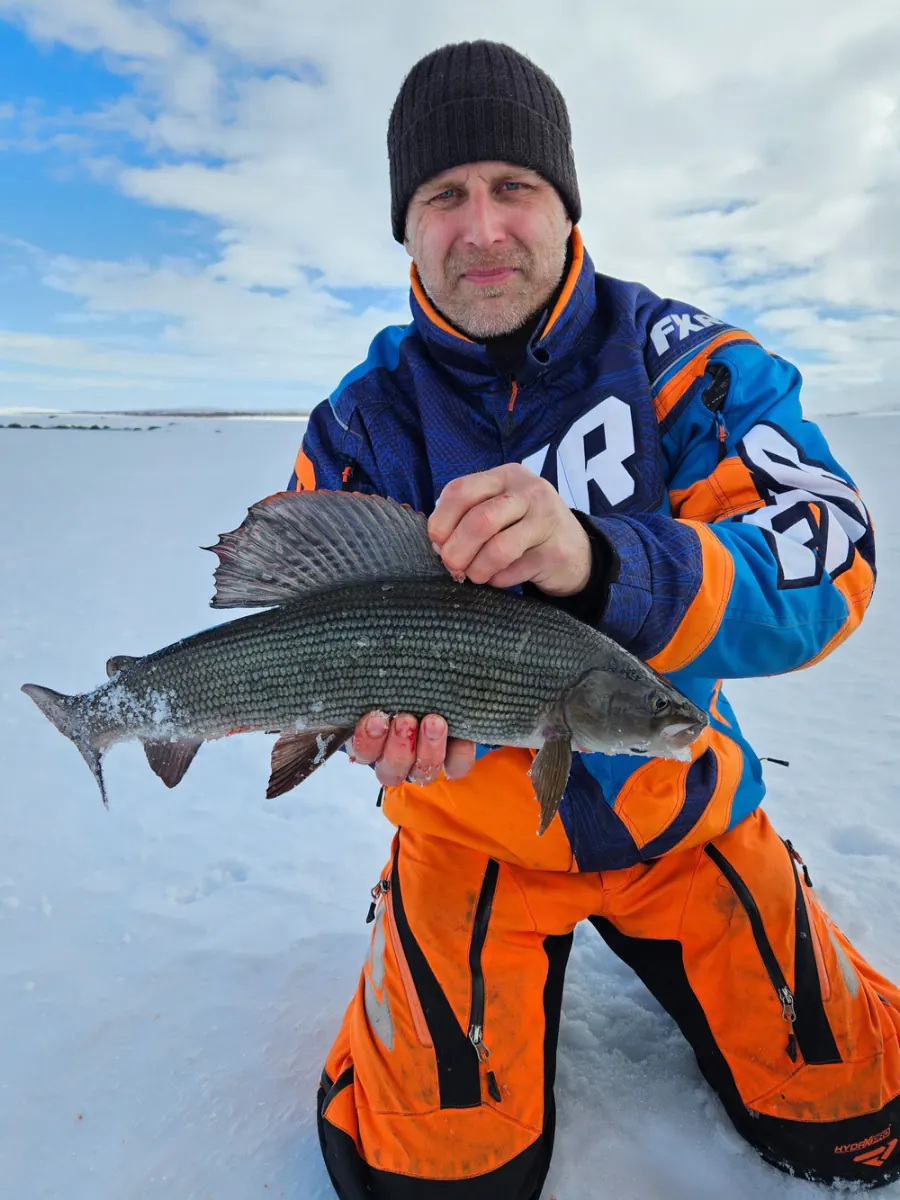 Angler holding a big grayling caught through the ice