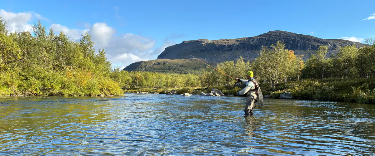 Fly fisher wading a clear river below a fell