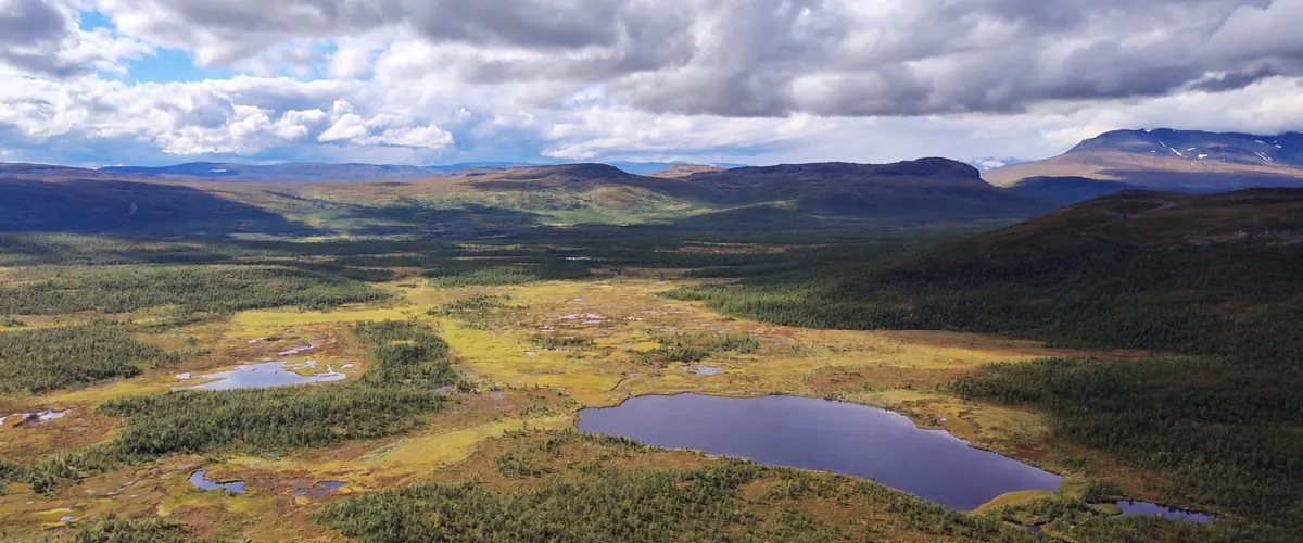 Aerial view of fell lakes and wilderness in Lapland
