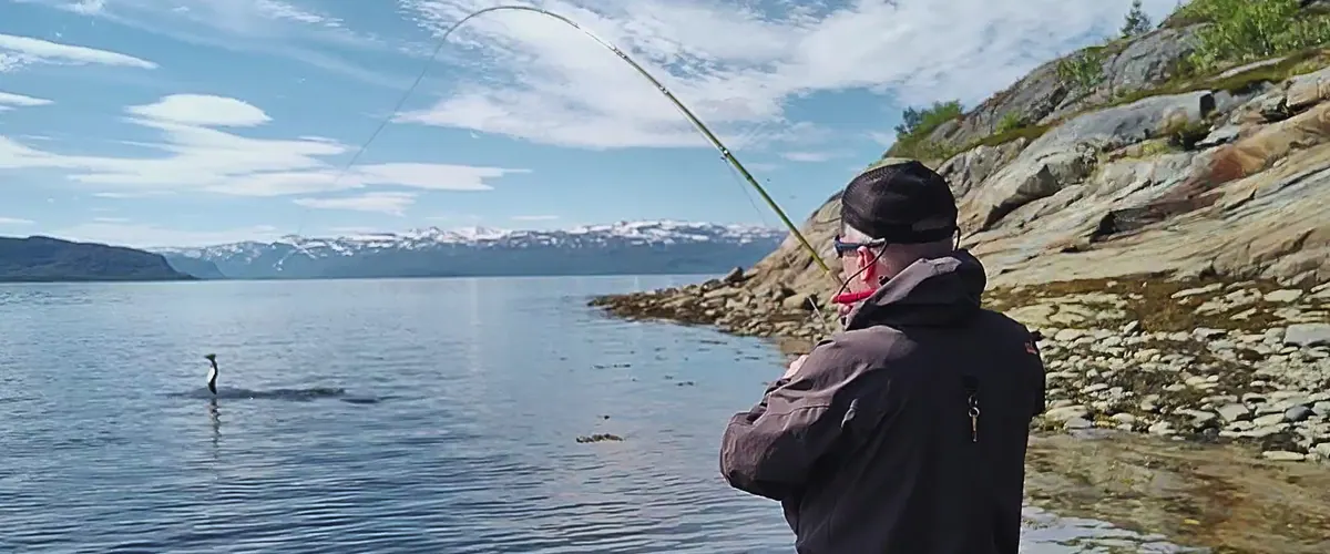 Fly fisher casting from a rocky fjord shore