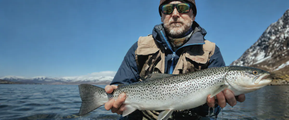 Angler holding a spotted sea trout on the Norwegian coast