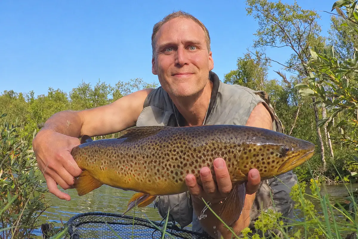 Angler holding a large brown trout in summer